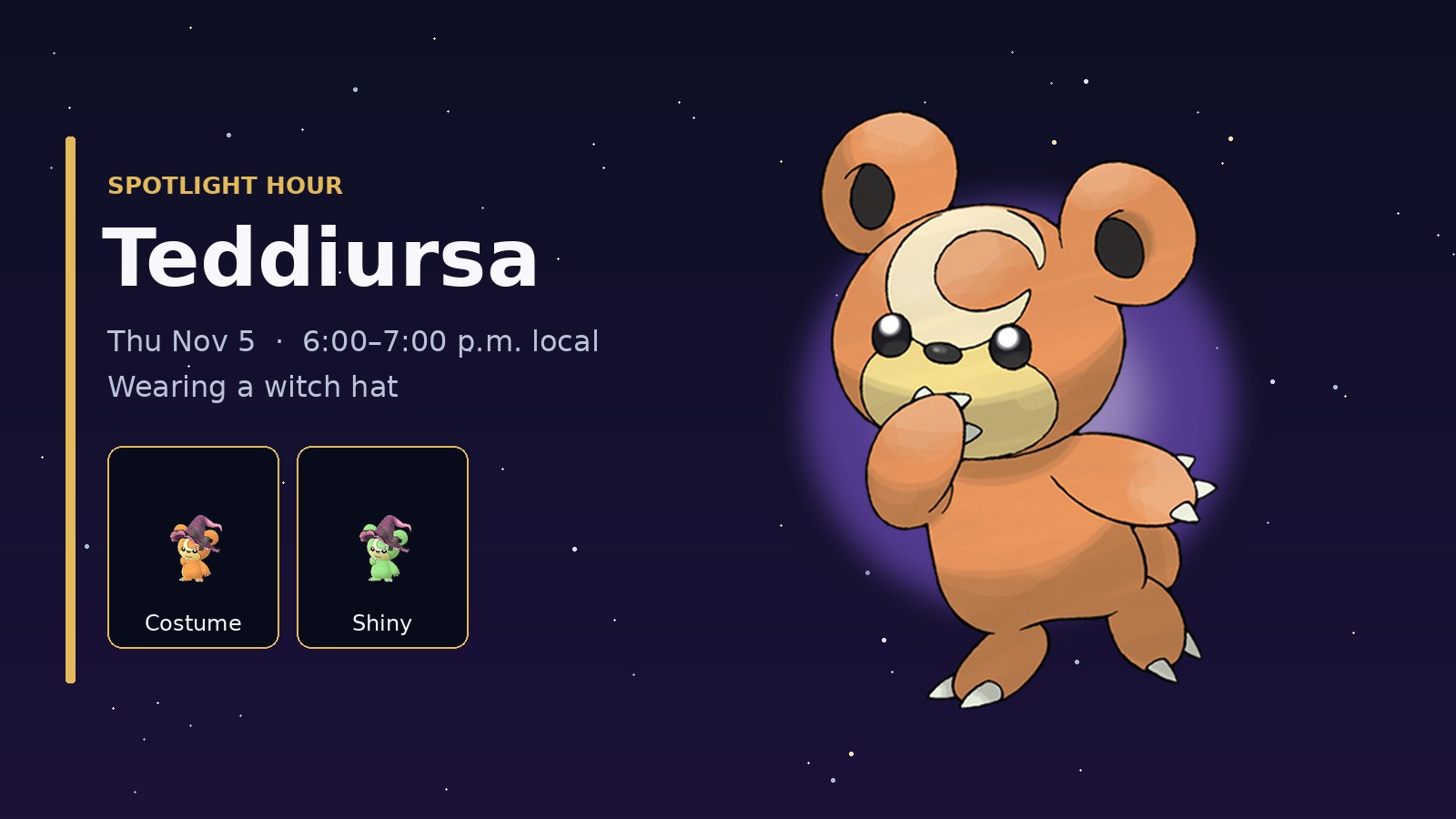 Teddiursa wearing a witch hat Spotlight Hour official Pokémon GO graphic
